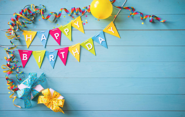 Happy birthday party background with text and colorful tools - Fotó, kép