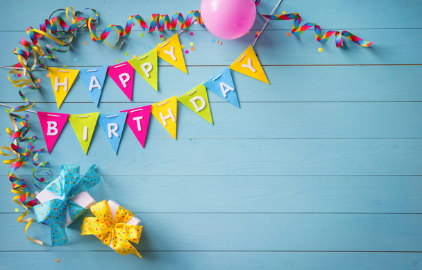 Happy birthday party background with text and colorful tools - Zdjęcie, obraz