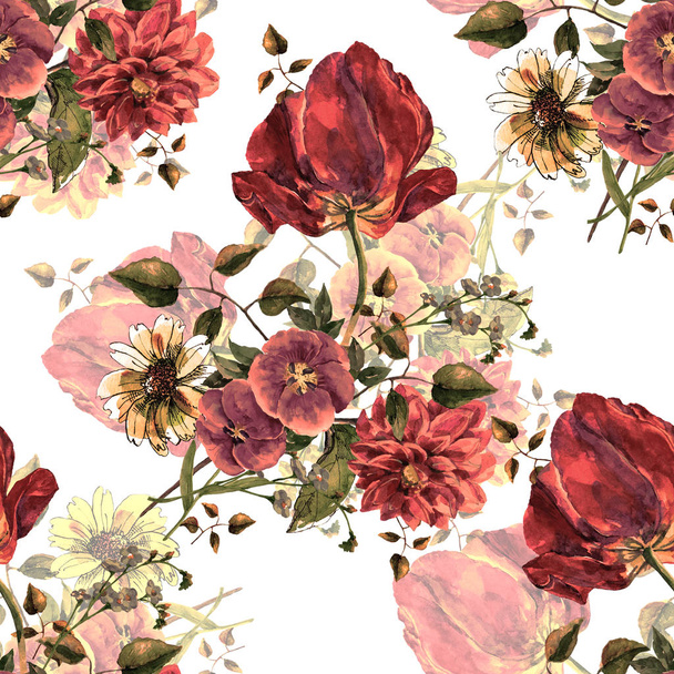 Watercolor Bouquet flowers  on a white background with shade.  Floral seamless pattern. - Photo, Image