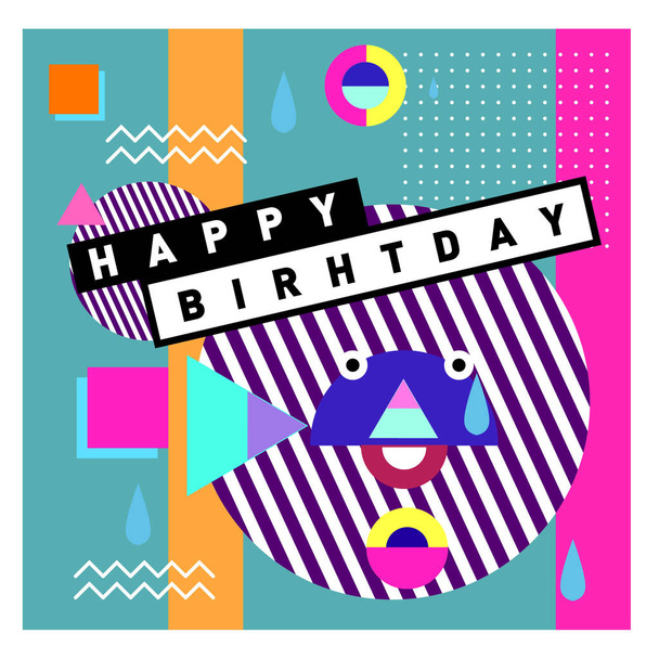 Happy Birthday Memphis styl design vektor pohlednice a plakát s barevnými a retro abstraktní vzor. Šablona návrhu pro oslavu narozenin - Vektor, obrázek
