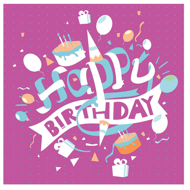 Gelukkige verjaardag typografie vector design voor wenskaarten en poster met ballon, taart, confetti en gift box, ontwerpsjabloon voor verjaardagsfeest. - Vector, afbeelding