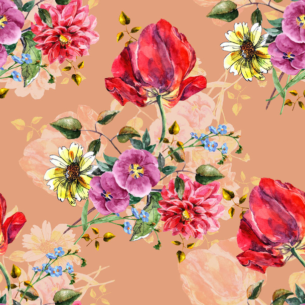 Watercolor Bouquet flowers with tulip on a beige background. Floral seamless pattern. - Foto, Imagen