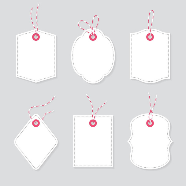 Blank price tags and gift cards tied up with baker twine bows and ribbons set. Paper labels of different shapes - Vector, Image