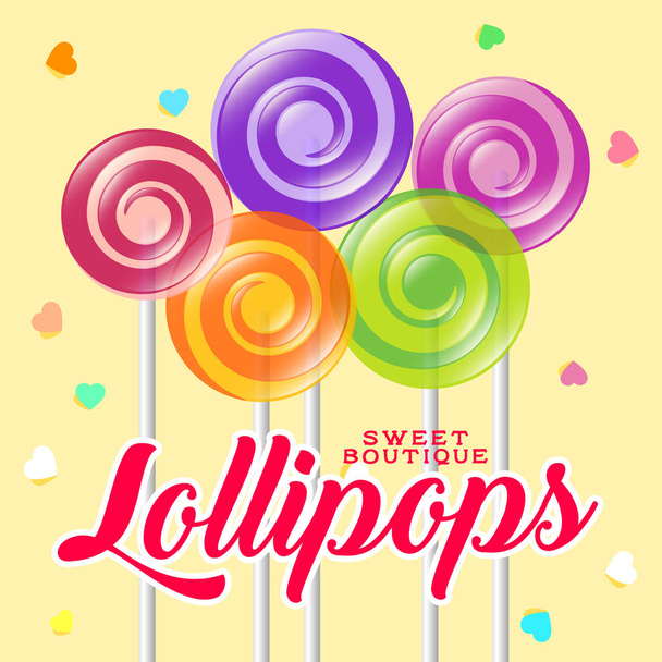Lollipop boutique poster. Sweets shop illustration. Lollipop with letters and hearts on the light background. - Vector, imagen