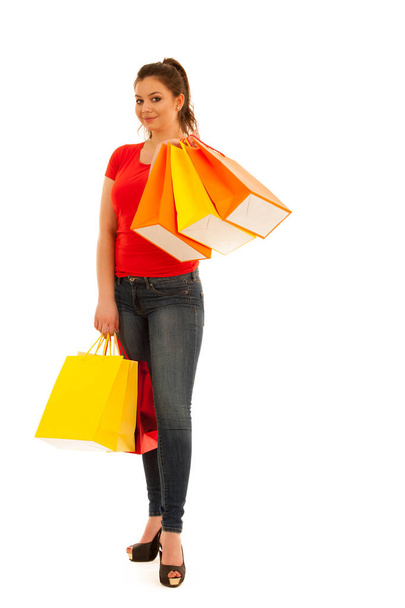full lenght photo of woman holding shopping bags isolated over w - Foto, immagini