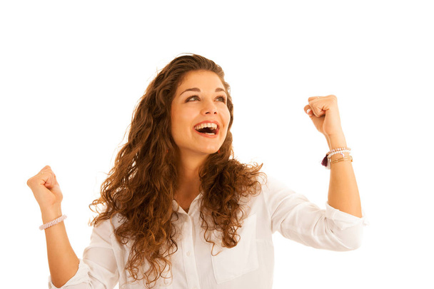 приваблива молода бізнес-леді в білій сорочці жест успіх w
 - Фото, зображення