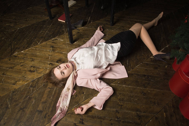 Crime scene (imitation). Strangled young student  in the classic - Photo, Image