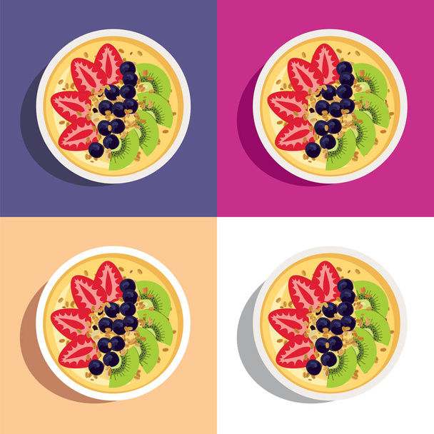 Bol Smoothie à la mangue - Bol smoothie à la mangue sucrée et tropicale garni de fraises, bleuets, kiwi et granola
.  - Vecteur, image