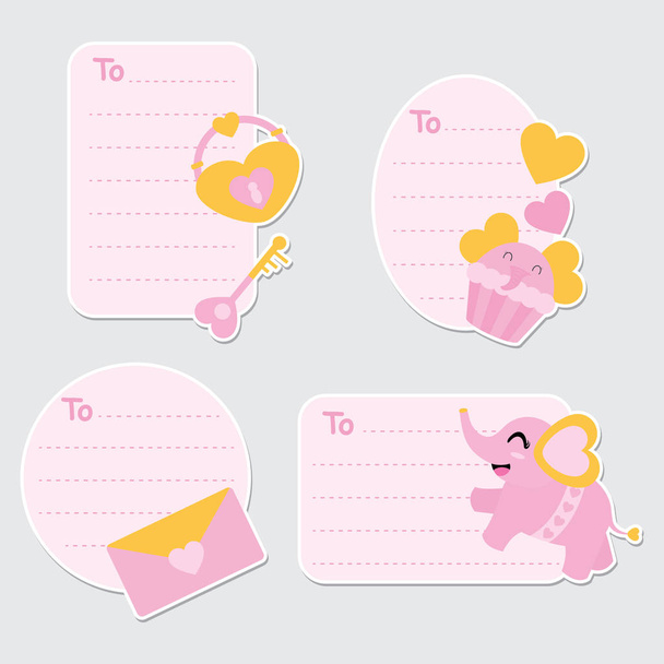 Cute elephant, cupcake, and heart padlock vector cartoon illustration for Valentine gift tags design, postcard and sticker set - Vektori, kuva