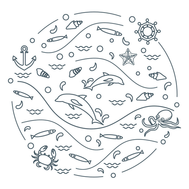 Cute vector illustration with dolphins, octopus, fish, anchor, h - Vector, afbeelding