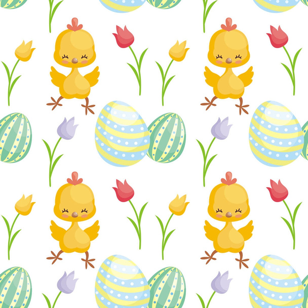 Easter seamless pattern with the image of cute chicks and painted eggs. Vector background. - Vector, imagen