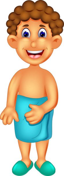 beau garçon dessin animé debout utilisation serviettes avec sourire
 - Photo, image