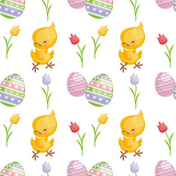 Easter seamless pattern with the image of cute chicks and painted eggs. Vector background. - Διάνυσμα, εικόνα