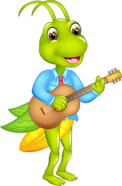 cute grasshopper cartoon standing playing guitar with smile - Photo, Image