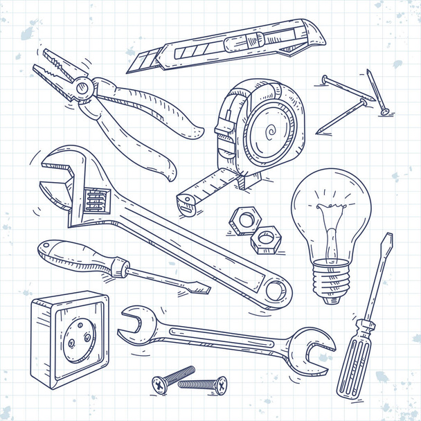 ręka szkic ikony zestaw narzędzi stolarskich, szczypce, Wkrętaki, żarówki i klucza - Wektor, obraz