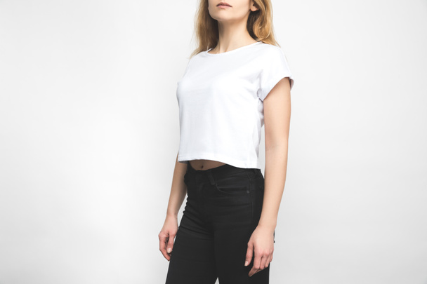 stylish woman in blank t-shirt on white - Foto, Imagem