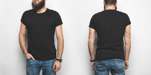 Vorder- und Rückansicht eines Mannes in schwarzem T-Shirt isoliert auf weißem Grund - Foto, Bild