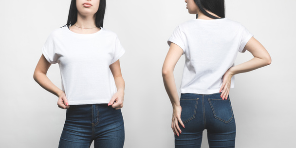 vue avant et arrière de la jeune femme en t-shirt blanc isolé sur blanc
 - Photo, image