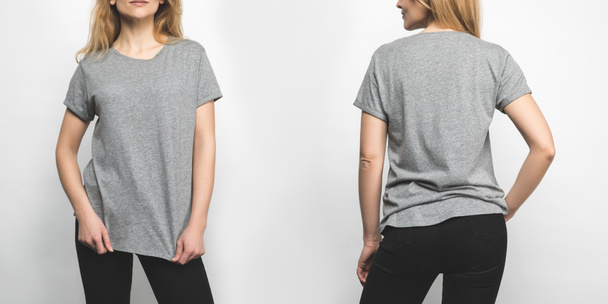 front and back view of young woman in blank grey t-shirt isolated on white - Photo, Image