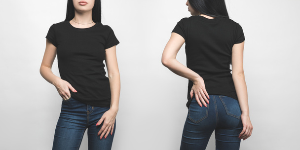 vue avant et arrière de la jeune femme en t-shirt blanc noir isolé sur blanc
 - Photo, image