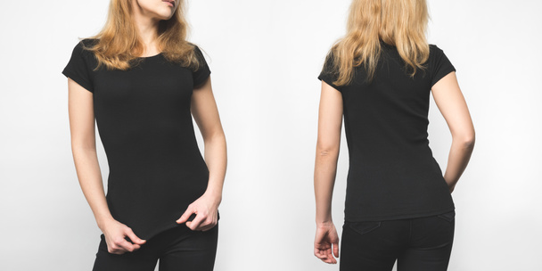 front and back view of stylish woman in blank black t-shirt isolated on white - Foto, Bild