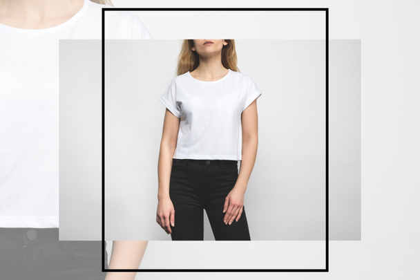 young woman in blank t-shirt on white with creative frame - Fotó, kép