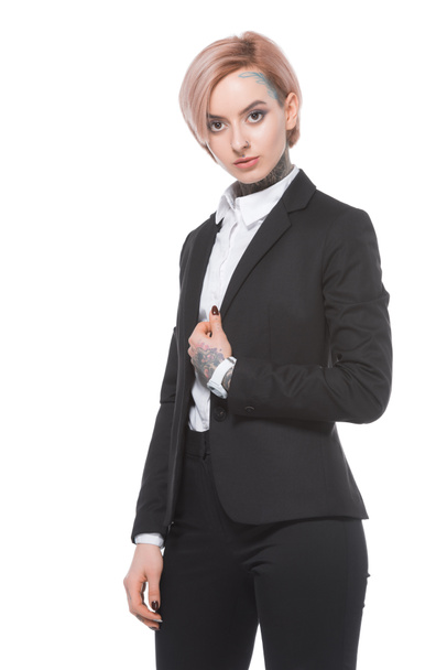 businesswoman with pink hair posing in suit, isolated on white - Foto, Imagen