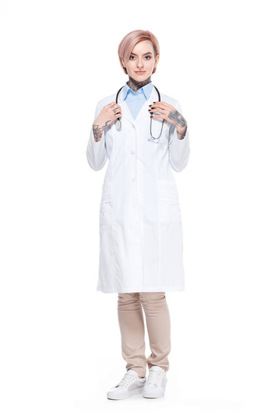 young doctor in white coat with stethoscope, isolated on white - Foto, Imagem