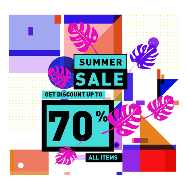 Summer sale memphis style with monstera leaves web banner. Abstract colorful illustration with special offer and promotion. - Вектор,изображение