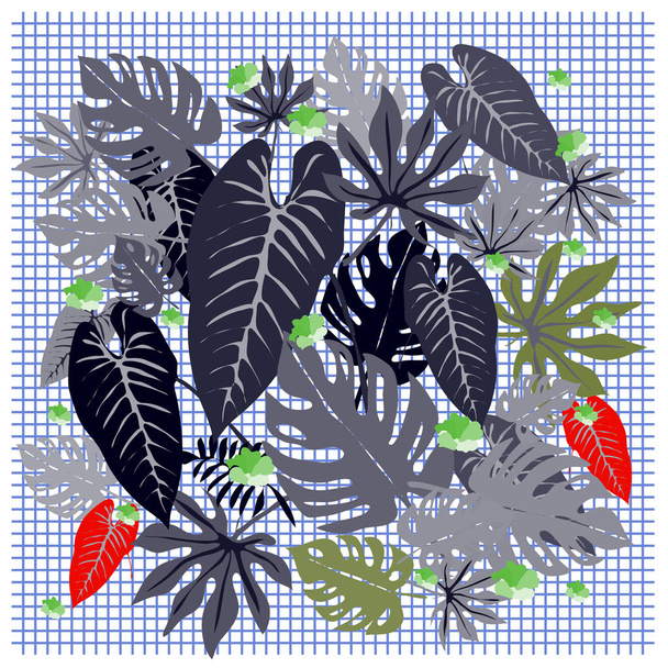 Banner with leaves pattern of tropical plants on mesh - Vector, Image