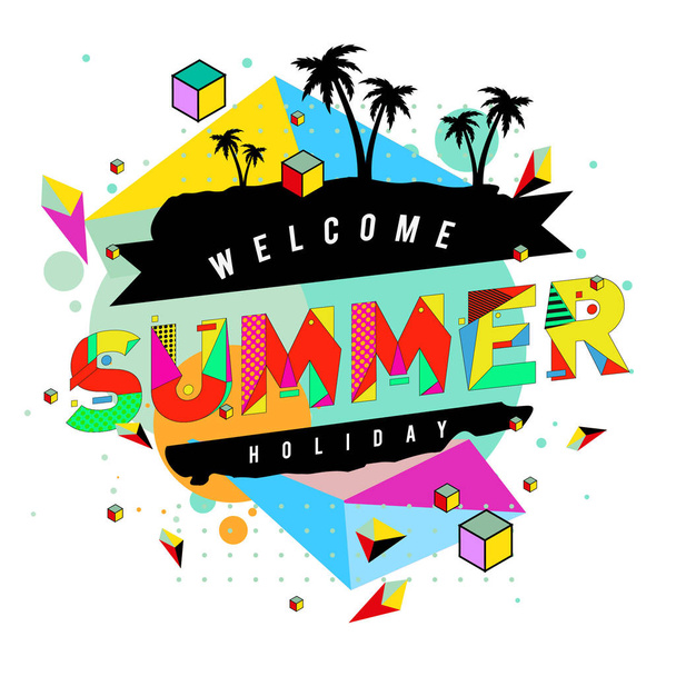 Trendy summer card in memphis style with palm trees in abstract colorful textures. Design for holiday vacation poster, card, brochure and promotion template. - Вектор, зображення