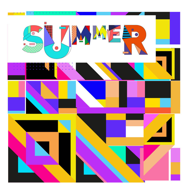 Trendy summer card in memphis style with abstract colorful textures. Design for holiday vacation poster, card, brochure and promotion template. - ベクター画像