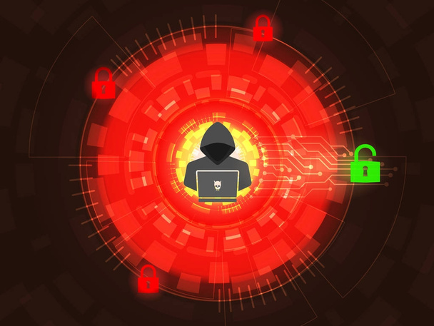 デジタル背景に南京錠にハッカーのロックを解除するサイバー攻撃の概念 - ベクター画像