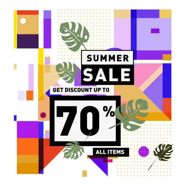 Summer sale memphis style with monstera leaves web banner. Abstract colorful illustration with special offer and promotion. - Vector, Imagen