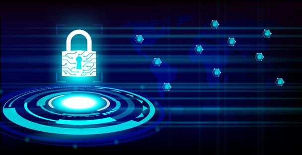 Concepto de seguridad cibernética: El candado cerrado protege la red mundial en el contexto de la tecnología futura
. - Vector, imagen