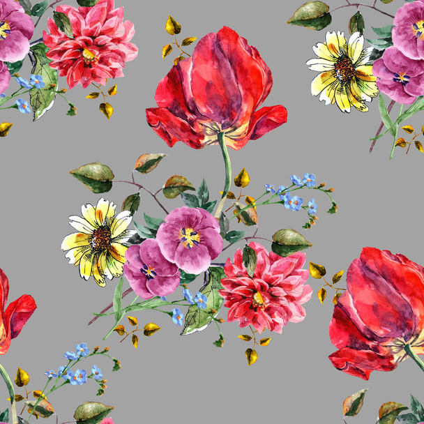 Watercolor Bouquet flowers with tulip on a gray background. Floral seamless pattern. - Foto, Imagem