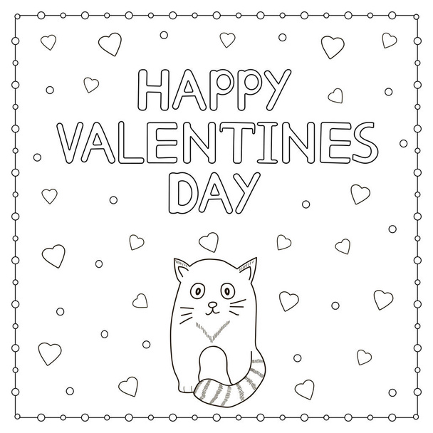 Feliz Dia dos Namorados texto desenhado à mão, gato e corações
.  - Vetor, Imagem