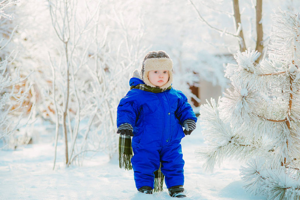 Child in the park with snow in winter. A little boy in blue overalls and a knitted hat, catches snowflakes in a winter park for Christmas. Children play in the snow-covered forest - Φωτογραφία, εικόνα