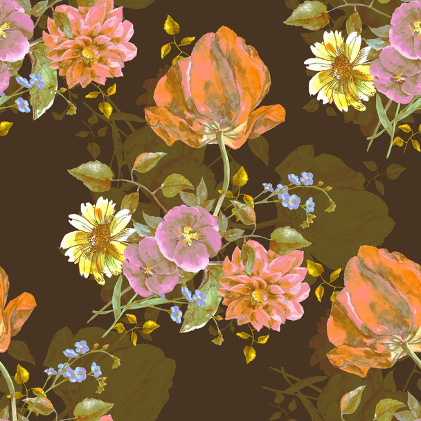 Bouquet flowers with tulip on a brown background. Floral seamless pattern. - Photo, Image