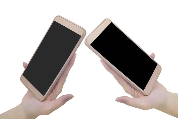Hand holding smartphones with blank screen on white background, input text idea - Photo, Image