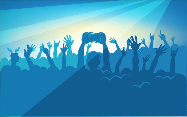 Menselijke silhouetten in massale menigte met opgeheven handen waarin moderne apparaten in kleurrijke neon schijnwerpers op concert cartoon platte vectorillustratie. Mensen veel plezier op de muzikale uitvoering. - Vector, afbeelding