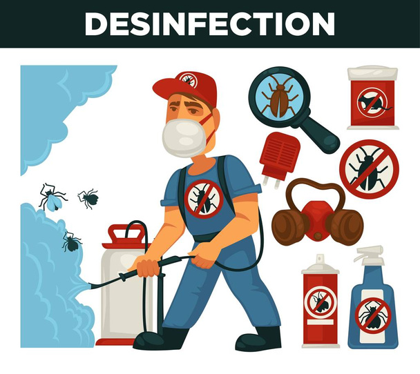 Extermination or pest control service and sanitary domestic disinfection vector flat design poster. Disinfector man with disinfectant liquid or gas spray against mouse rats, cockroaches and mite insects - Vektor, kép