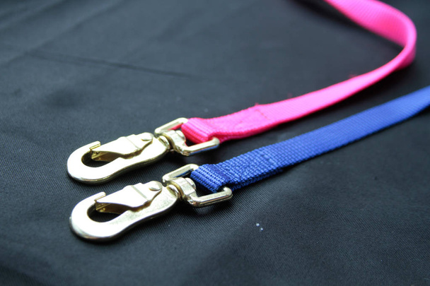 Pet supplies about leash for dog and brass hook on black backgro - Photo, Image