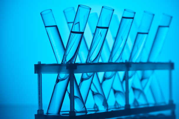 szklane rurki z płynem na stoisku w laboratorium na niebiesko - Zdjęcie, obraz