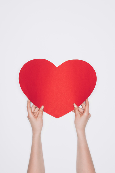 cropped shot of woman holding red heart isolated on white - Photo, image
