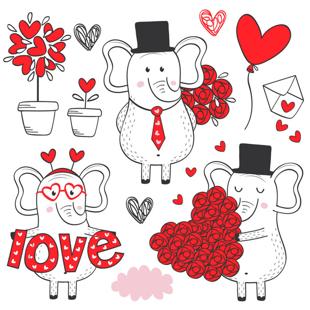 set of isolated elephant in love black and white part 2- vector illustration, eps - Vector, Image