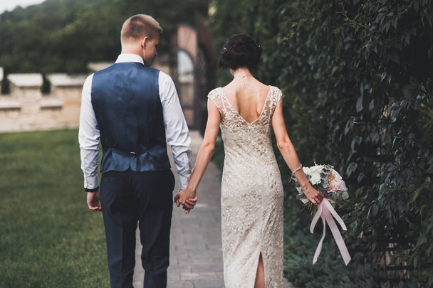 Wedding couple bride and groom holding hands - Foto, Imagen