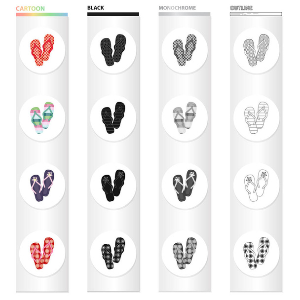 Chanclas de dibujos animados negro iconos contorno monocromo en la colección de conjuntos para el diseño. Zapatos de playa vector símbolo stock web ilustración
. - Vector, Imagen
