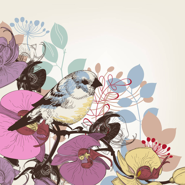 Orchid and cute bird greeting card - Вектор, зображення