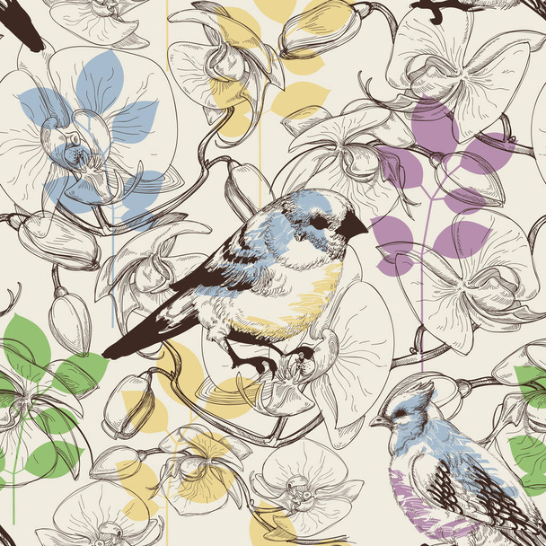 Cute birds and flowers seamless pattern - Vector, afbeelding